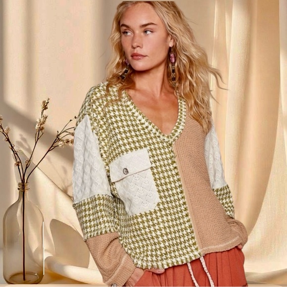 POL Houndstooth Sweater Two-Tone Knit Pullover with Pocket - Picture 5 of 7